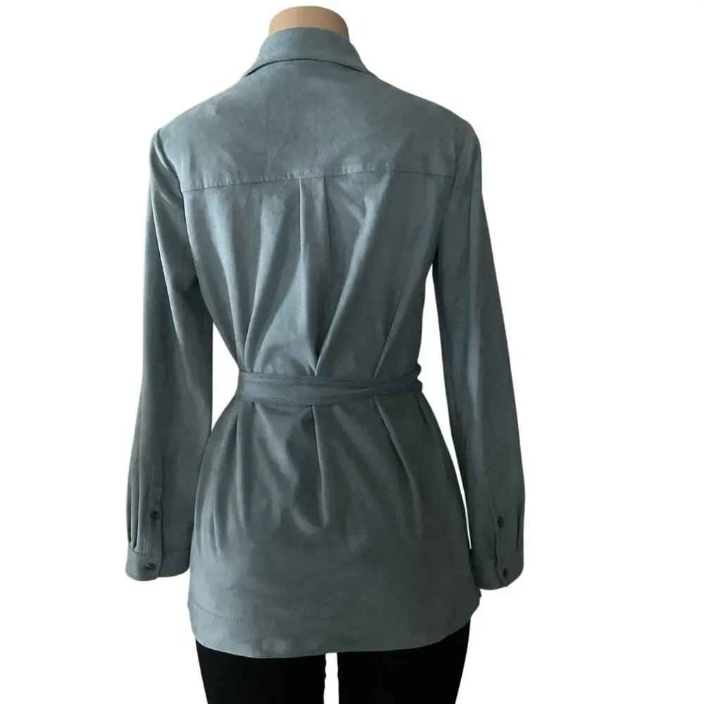 Vince Camuto Faux Suede Button Front Belted Shirt Jacket Women’s XS Blue